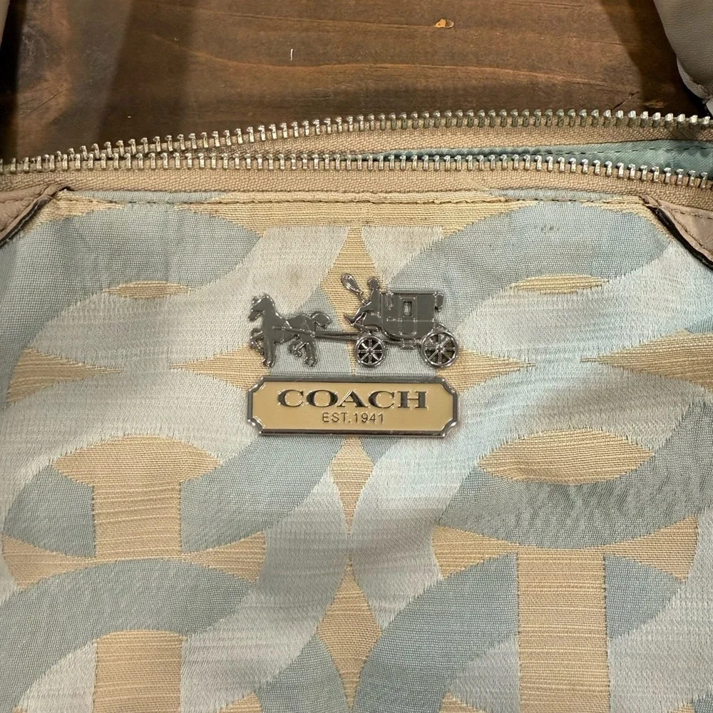 COACH MADISON SATCHEL Blue Cream Signature C Fabric Leather Trim Handbag Purse - Picture 2 of 14